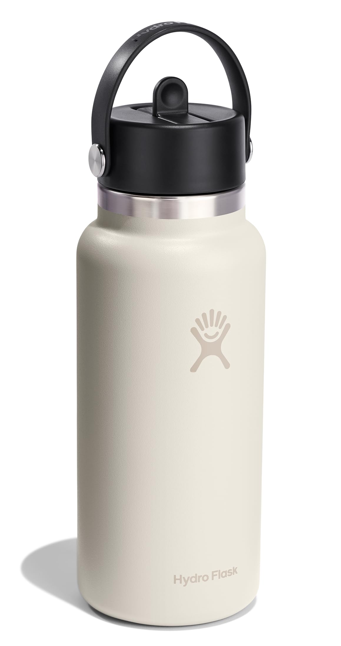 Hydro Flask 32 oz Ivory bottle wide mouth with ice cubes for icy beverages.