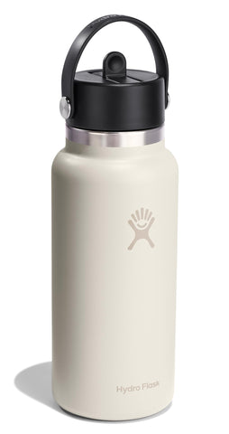Hydro Flask 32 oz Ivory bottle wide mouth with ice cubes for icy beverages.