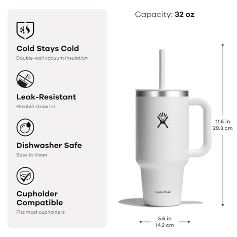 Hydro Flask 32 oz Travel Tumbler, lid and straw close-up, splash-resistant lid
