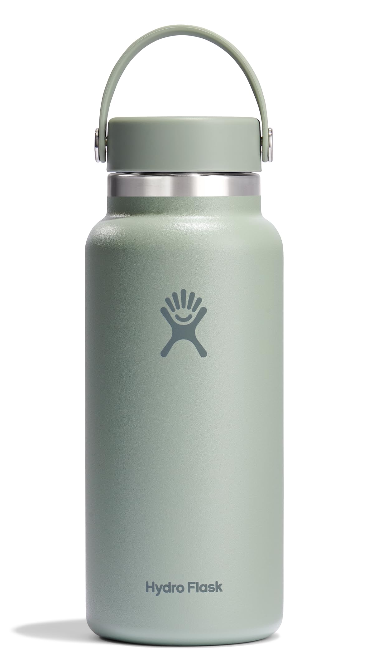 Hydro Flask 32 oz Agave Green wide-mouth bottle with a flexible handle for easy carrying.