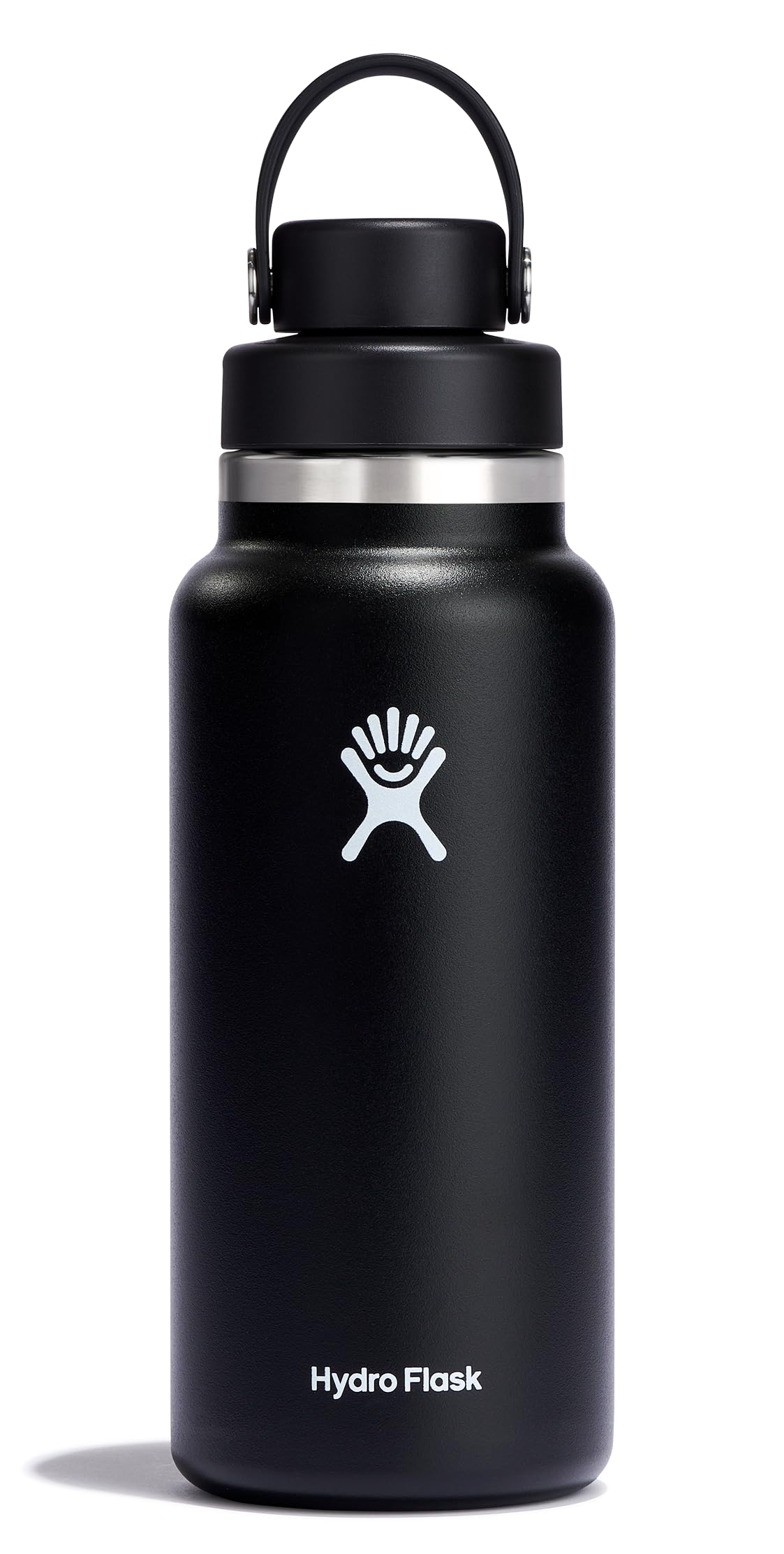 Hydro Flask 32oz wide-mouth bottle with Chug Cap keeps drinks cold and leakproof.