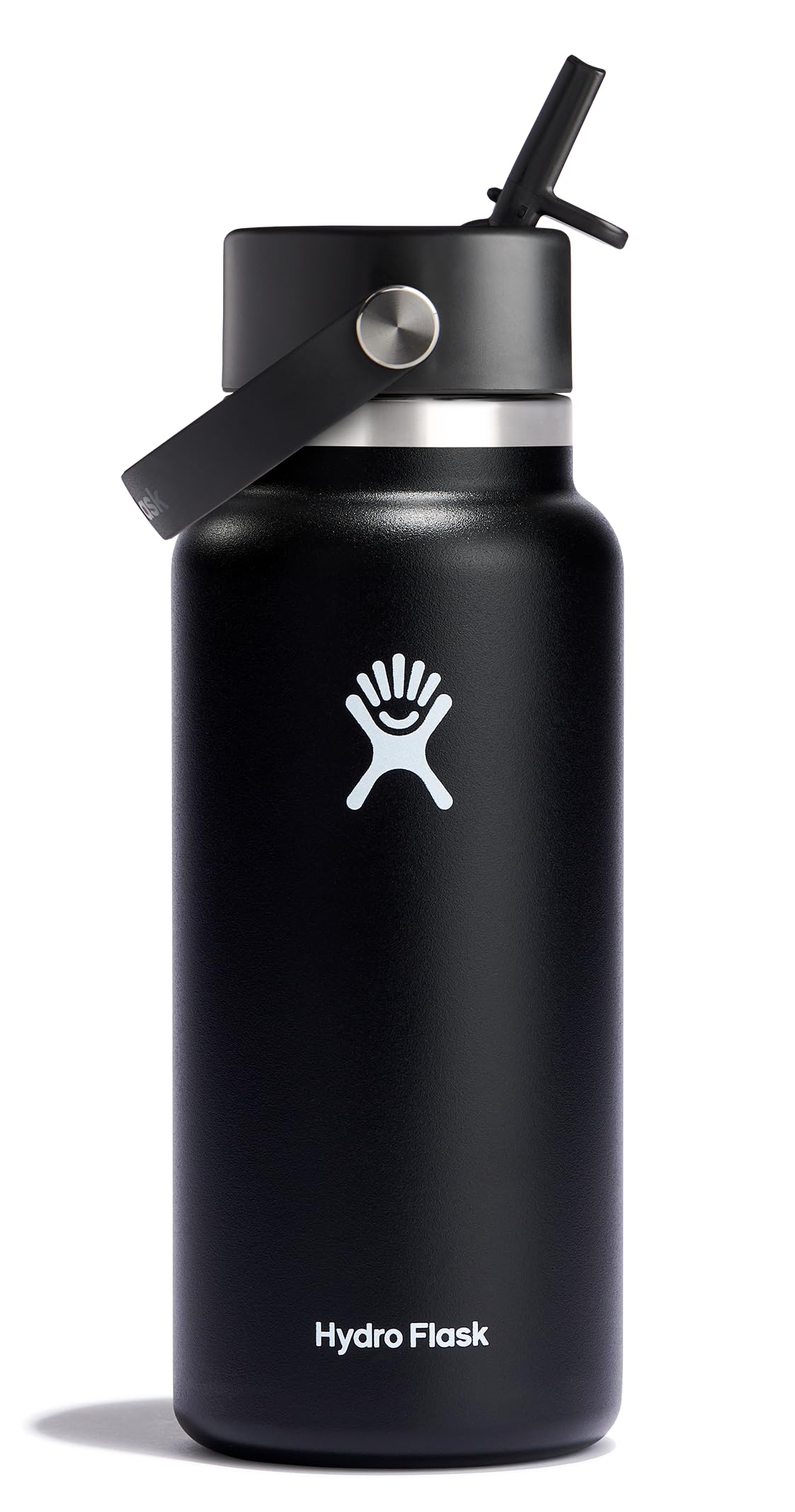 Hydro Flask 32oz wide-mouth bottle with flex straw cap for one-handed sipping.