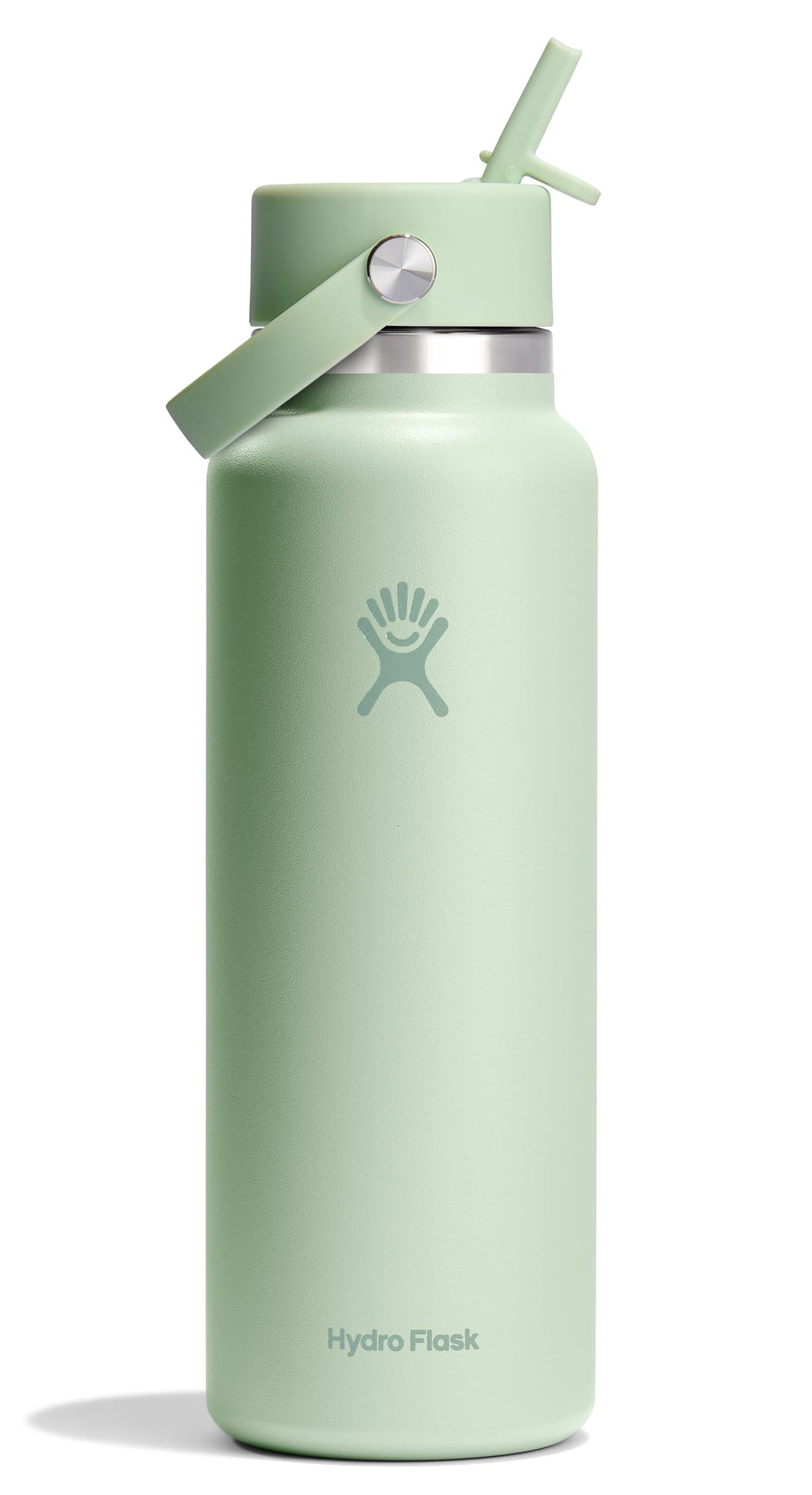 Hydro Flask 40 oz Aloe Green wide-mouth bottle offers durable stainless steel for all-day hydration.