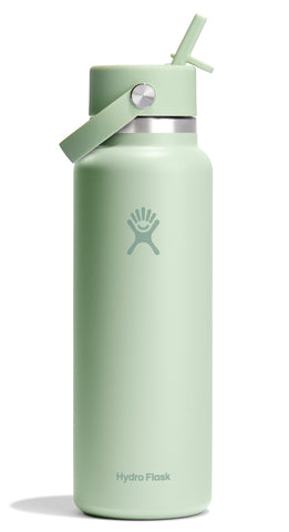 Hydro Flask 40 oz Aloe Green wide-mouth bottle offers durable stainless steel for all-day hydration.