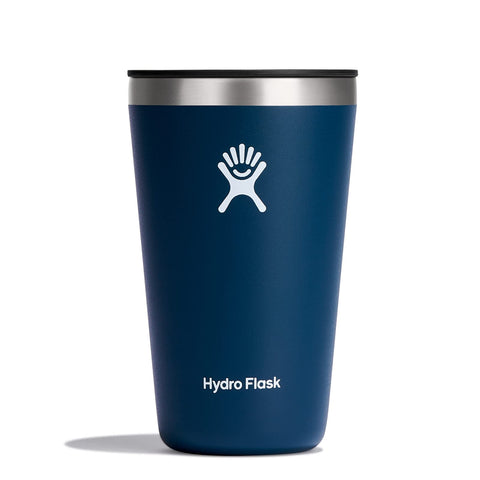 Hydro Flask All Around Indigo 16 oz tumbler with leak-resistant lid, keeps drinks cold or hot.