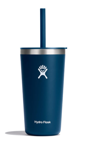 Hydro Flask All Around Tumbler Indigo Blue front view with straw lid for on-the-go cold drinks