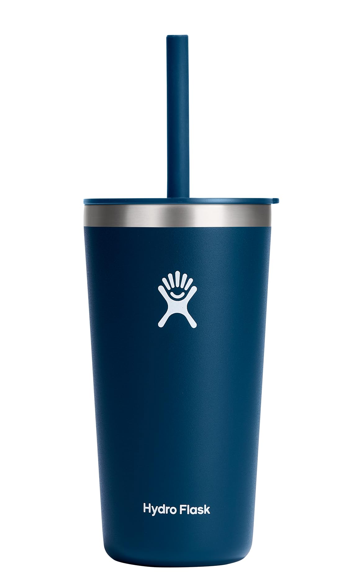 Hydro Flask All Around Tumbler Indigo Blue fitting into a car cupholder