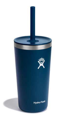 Hydro Flask Indigo Blue straw lid close-up showing leak-resistant sip capability