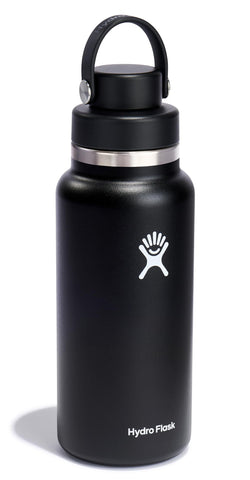 Hydro Flask black 32oz bottle with ice-friendly wide mouth for easy chilling.
