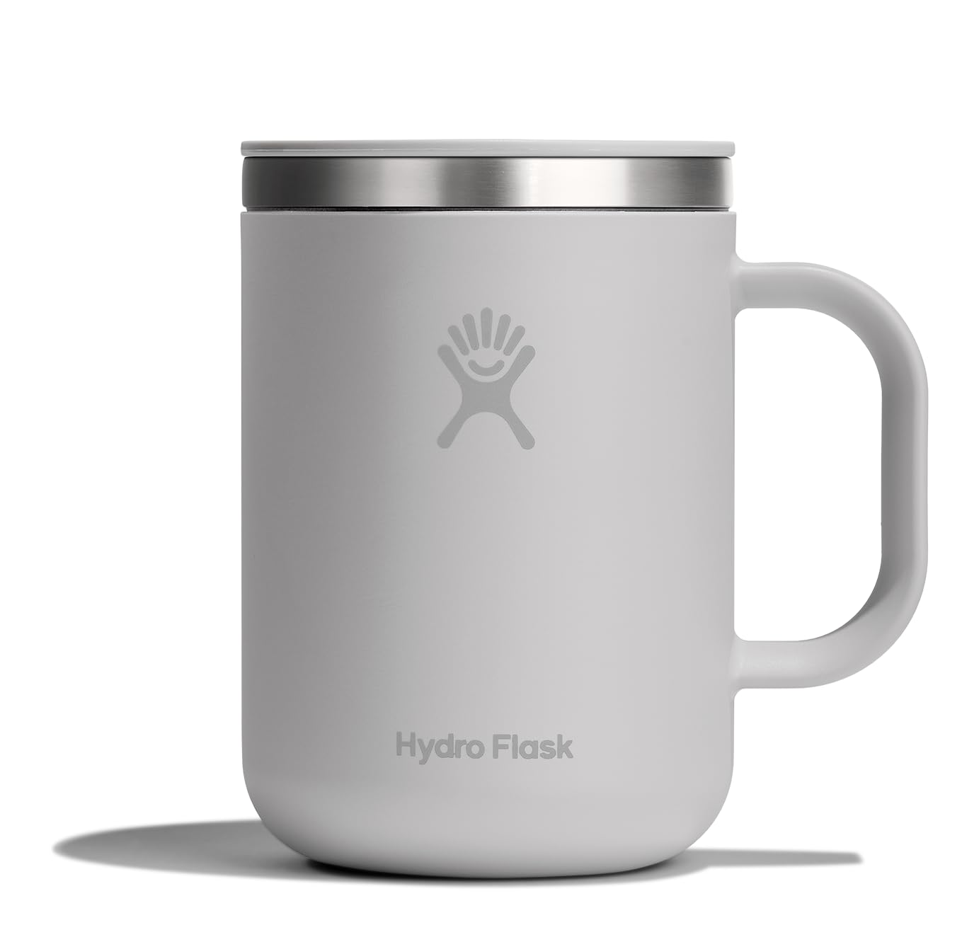 Hydro Flask Coffee Mug Birch Gray close-up showing leak-resistant lid for on-the-go use