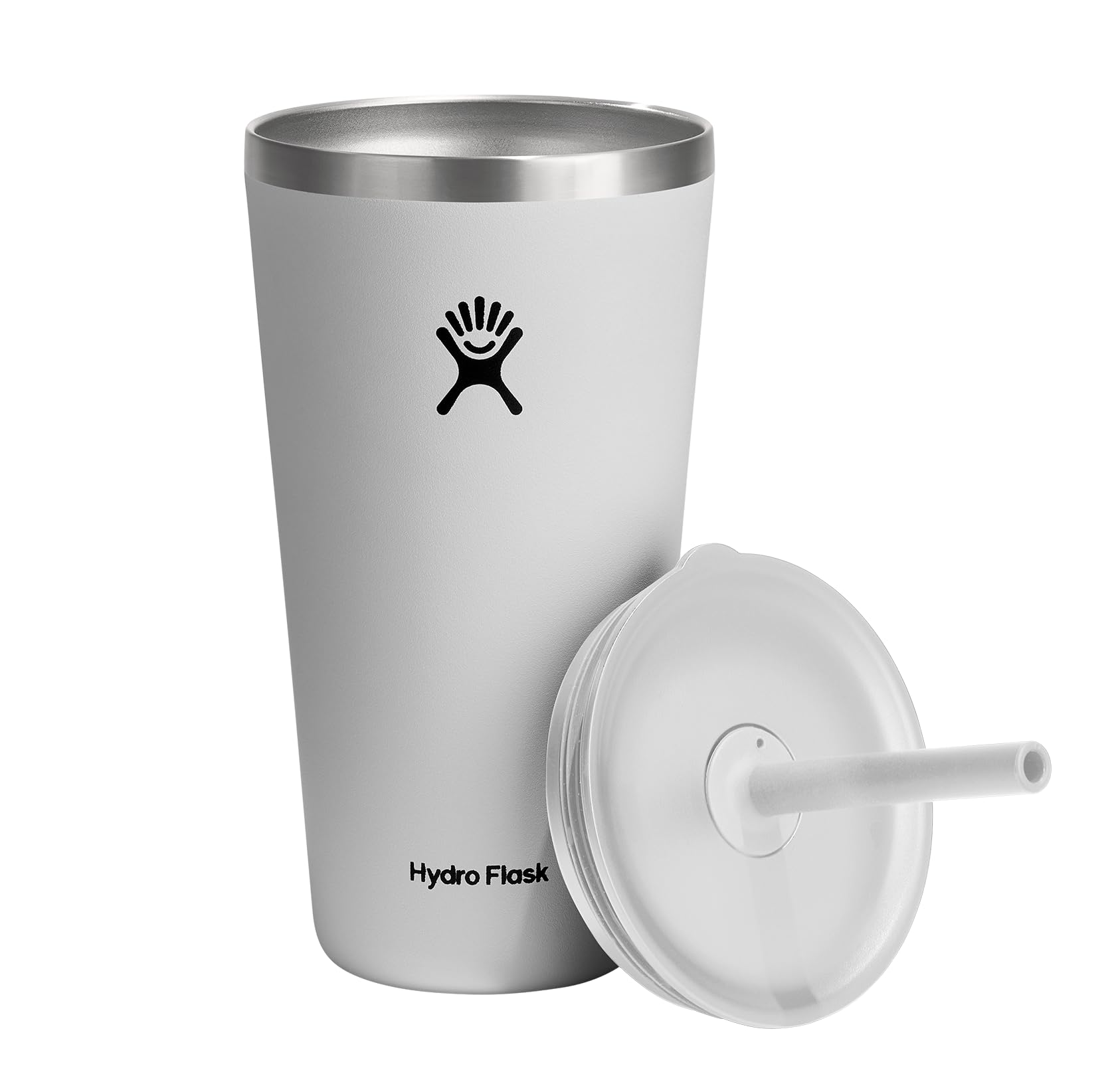 Color-matched straw lid on white Hydro Flask for a coordinated look