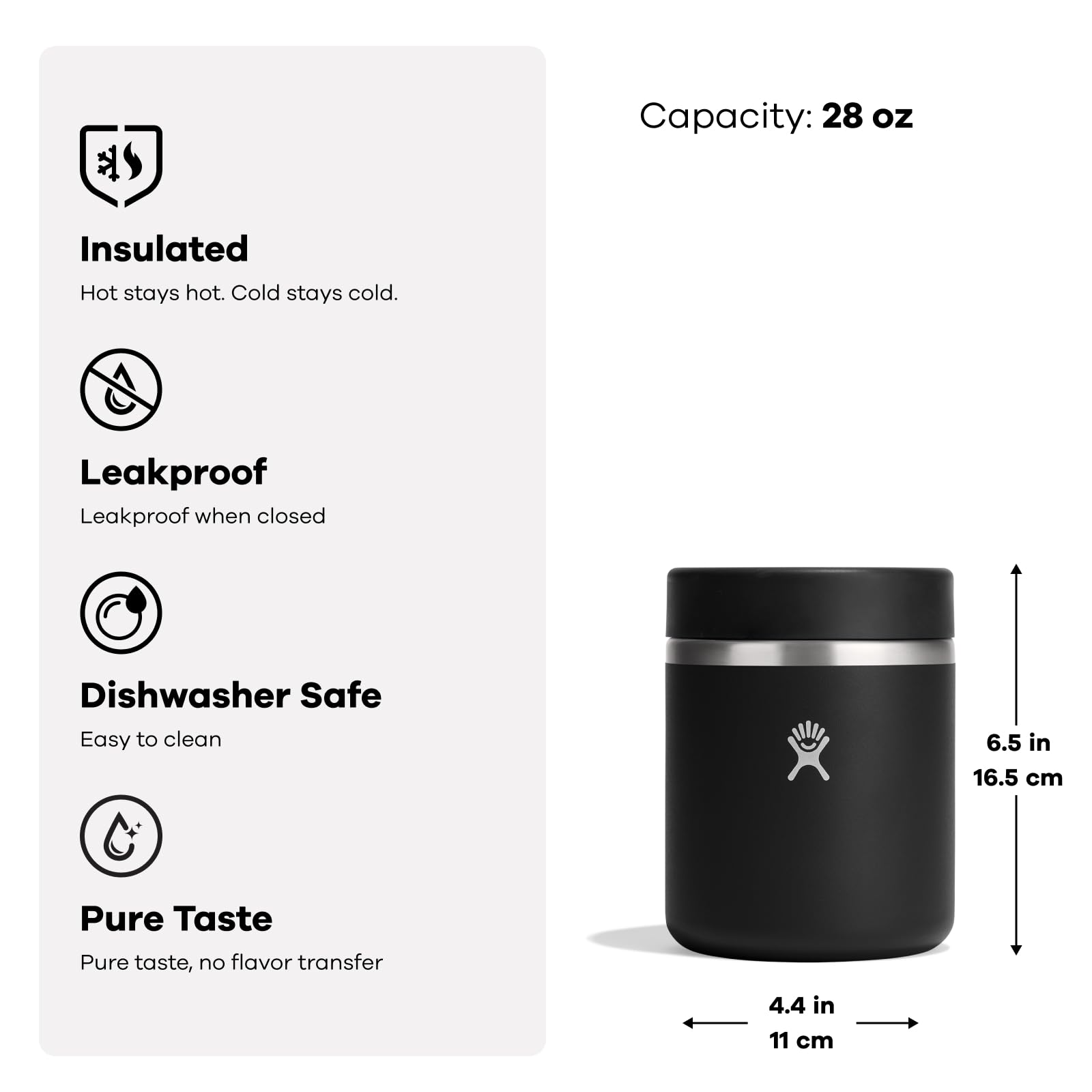 Hydro Flask Food Jar 28oz keeps hot foods hot and cold foods cold.