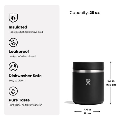 Hydro Flask Food Jar 28oz keeps hot foods hot and cold foods cold.