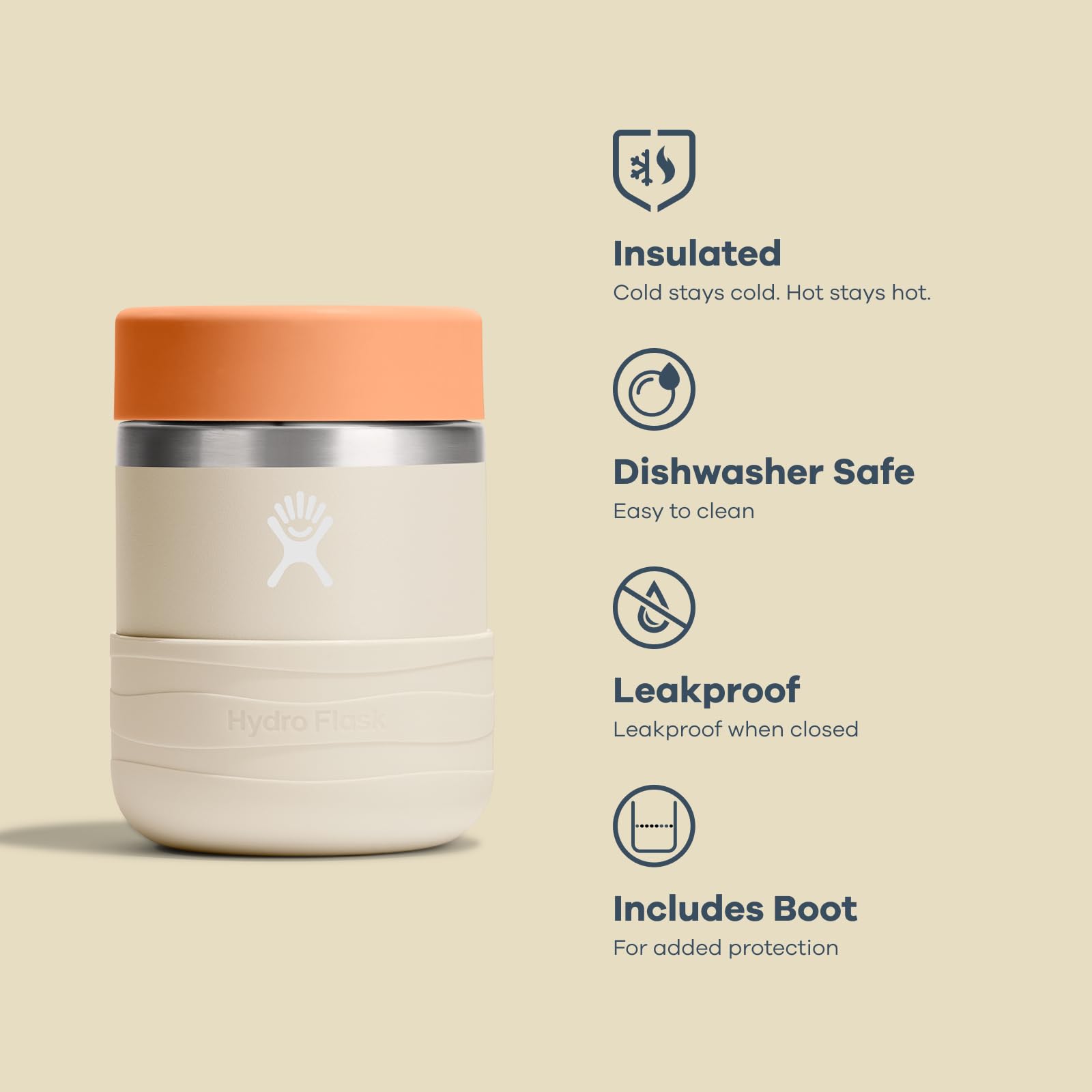 Hydro Flask Koala Gray spill-free performance supports backpacks.