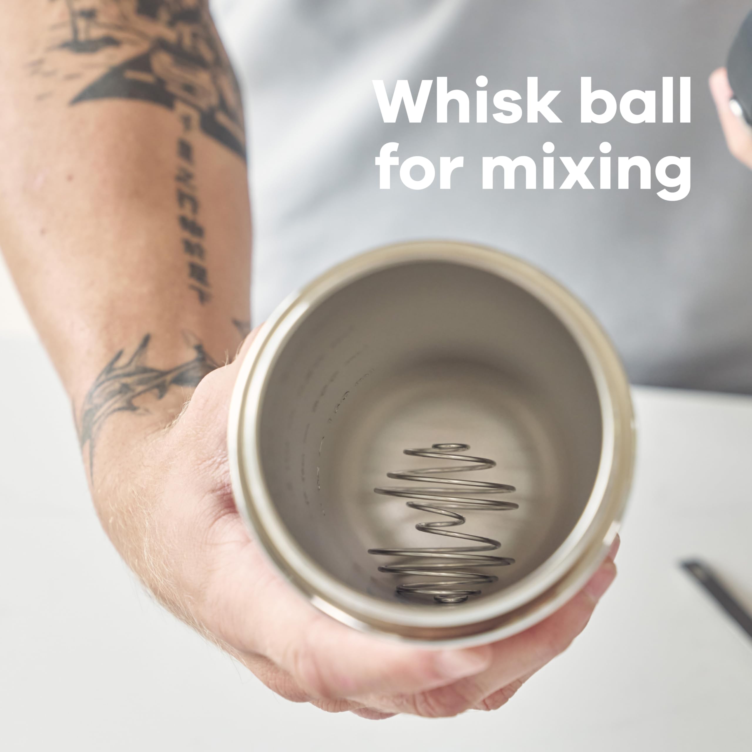 Stainless steel whisk ball blends shakes smoothly for thick powders