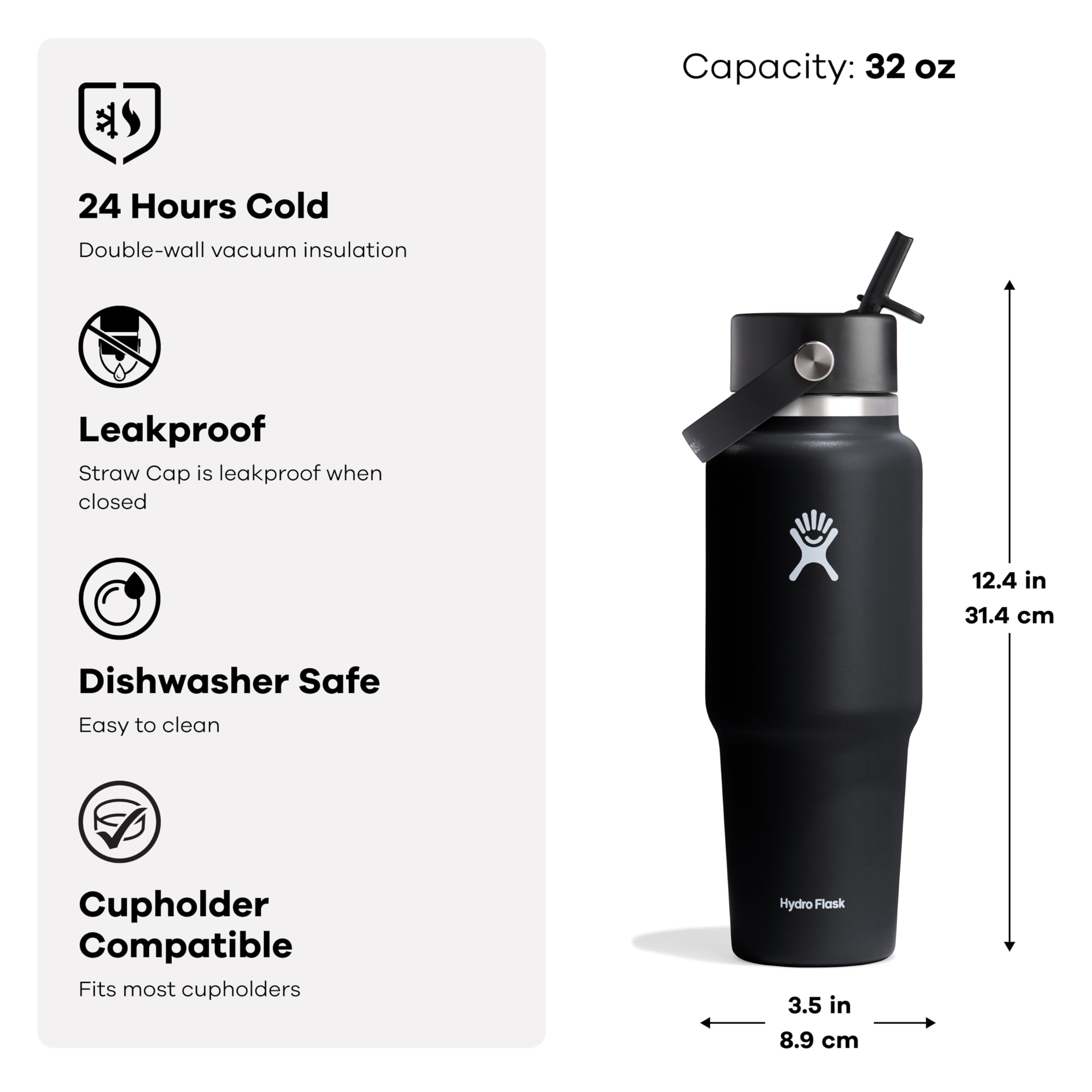 Hydro Flask Travel Bottle 32oz Ivory stays cold up to 24 hours with excellent insulation.