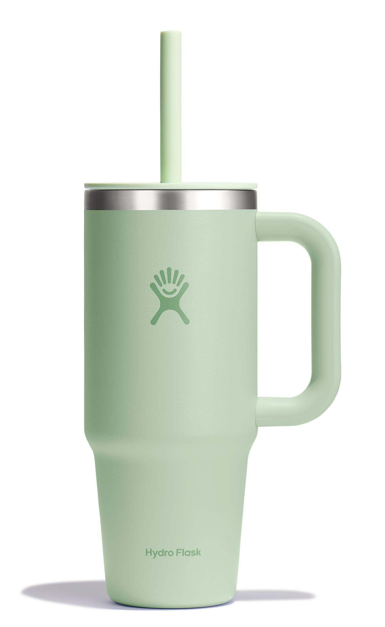 Hydro Flask Travel Tumbler 24oz aloe green handle offers a secure grip for all-day hydration.