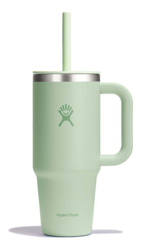 Hydro Flask Travel Tumbler 24oz aloe green handle offers a secure grip for all-day hydration.