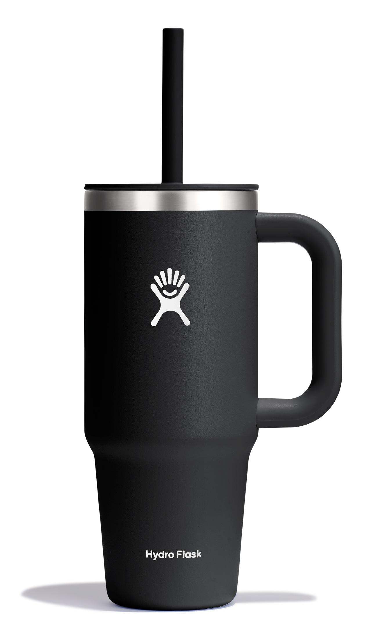 Hydro Flask Travel Tumbler 24oz in black with handle and straw for easy on-the-go hydration.