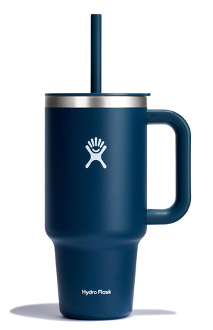 Hydro Flask Travel Tumbler 32oz Indigo Blue with Handle for easy on-the-go hydration.