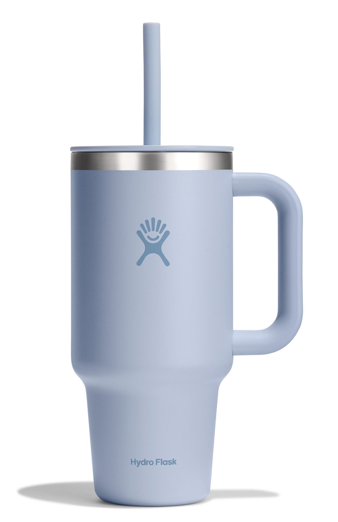 Hydro Flask Travel Tumbler 32oz Surf Blue with handle and lid for on-the-go hydration.