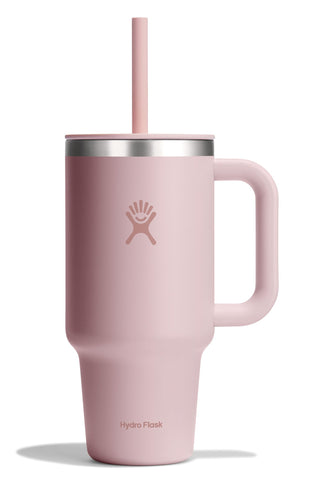 Hydro Flask Travel Tumbler 32oz with Handle in Tonal Trillium Pink for easy portability.