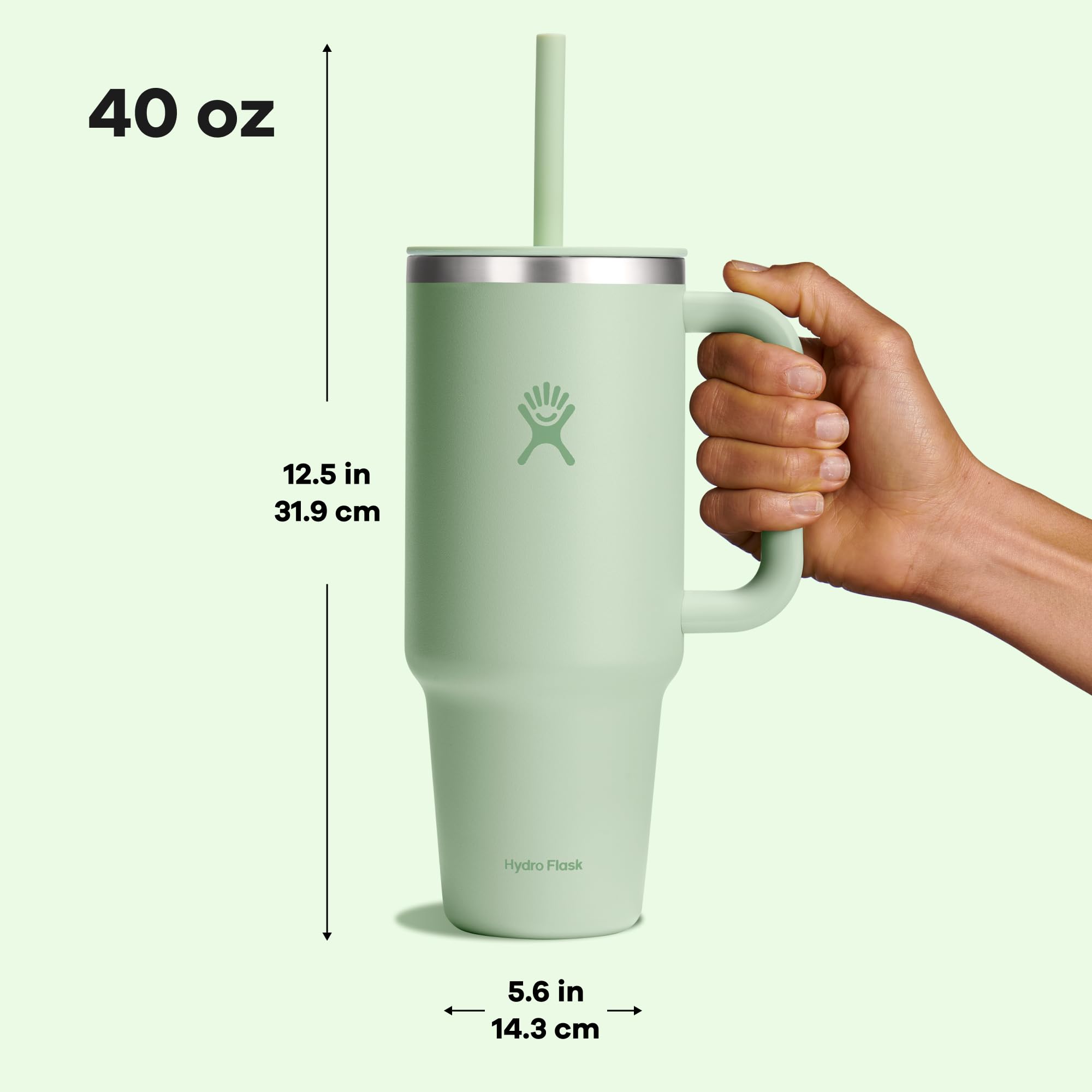 Hydro Flask Travel Tumbler 40 oz Aloe Green not for hot beverages; keep away from heat
