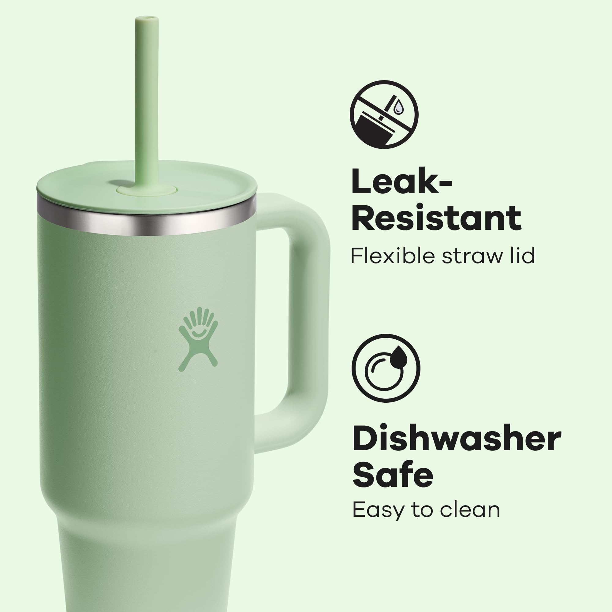 Hydro Flask Travel Tumbler 40 oz Aloe Green flexible straw enables sip from any angle