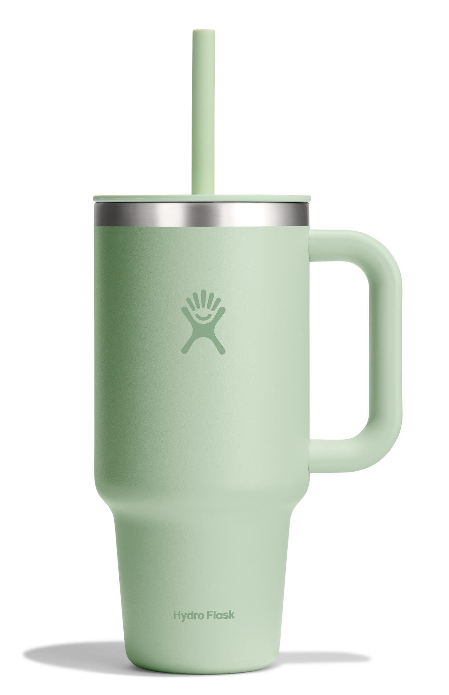 Hydro Flask Travel Tumbler 32oz Aloe Green with handle for on-the-go hydration.