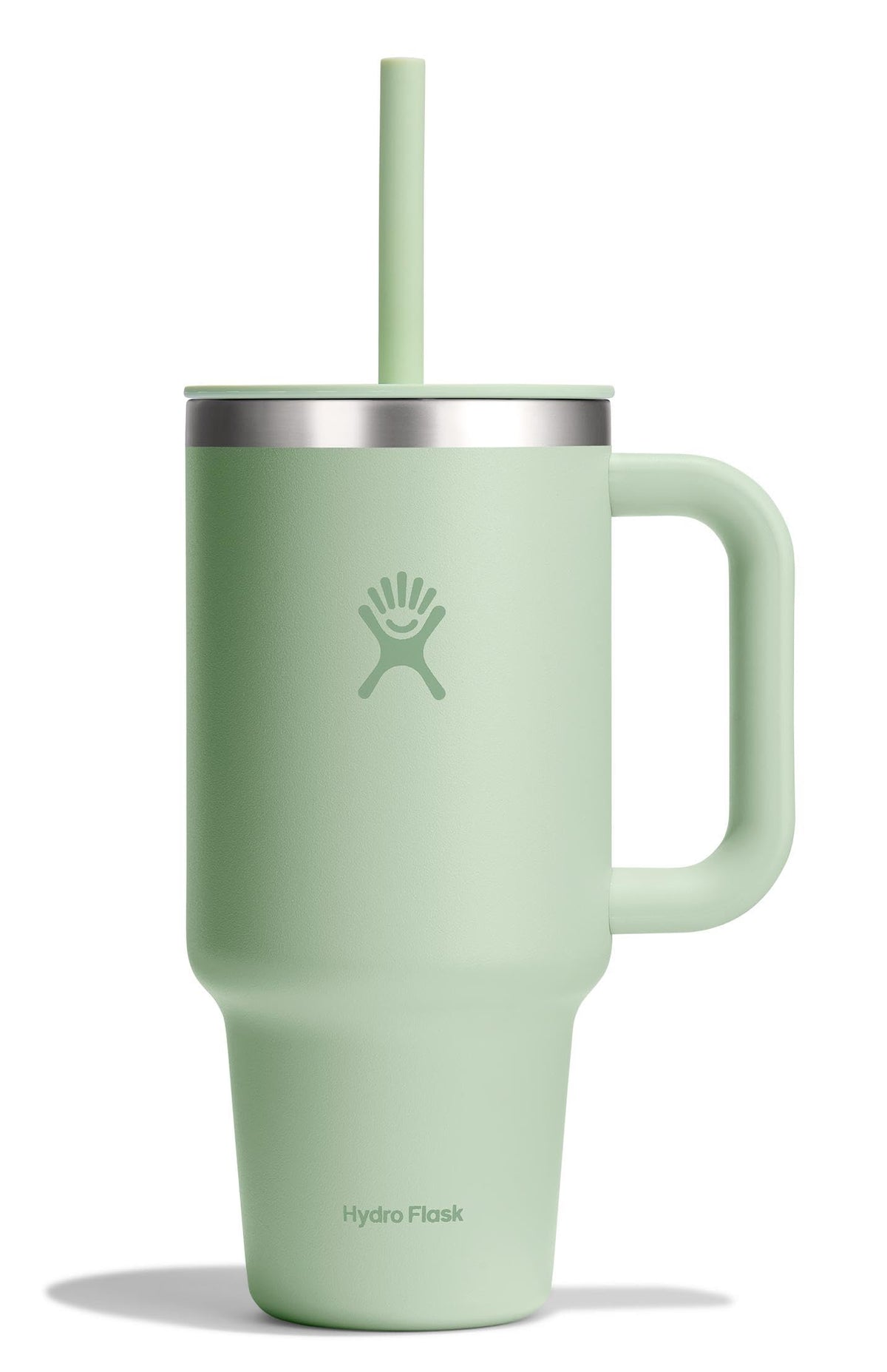 Hydro Flask Travel Tumbler 32oz Aloe Green with handle for on-the-go hydration.