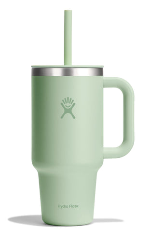 Hydro Flask Travel Tumbler 32oz Aloe Green with handle for on-the-go hydration.