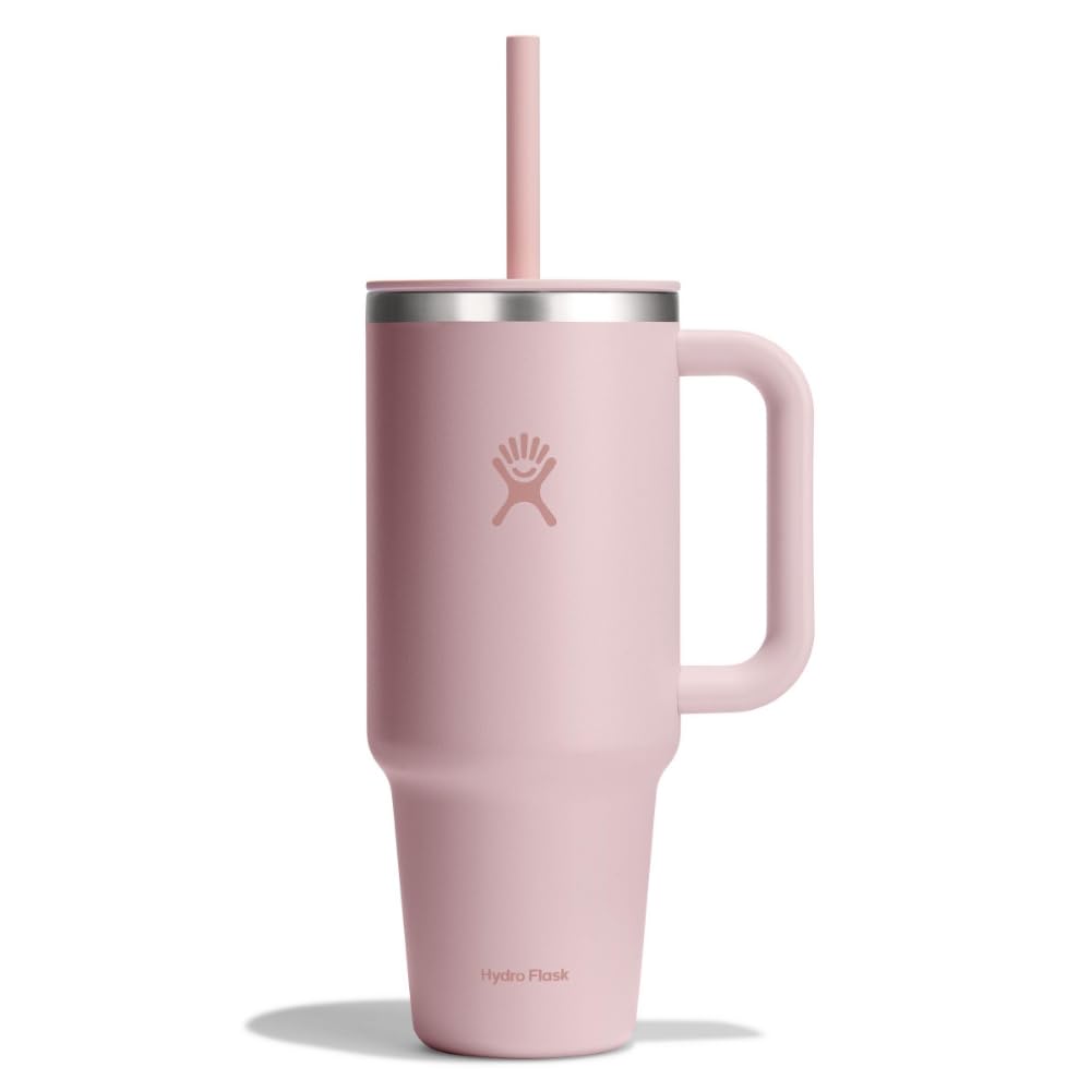 Hydro Flask Travel Tumbler with Handle (40 oz) in Tonal Trillium Pink for easy grab-and-go hydration.