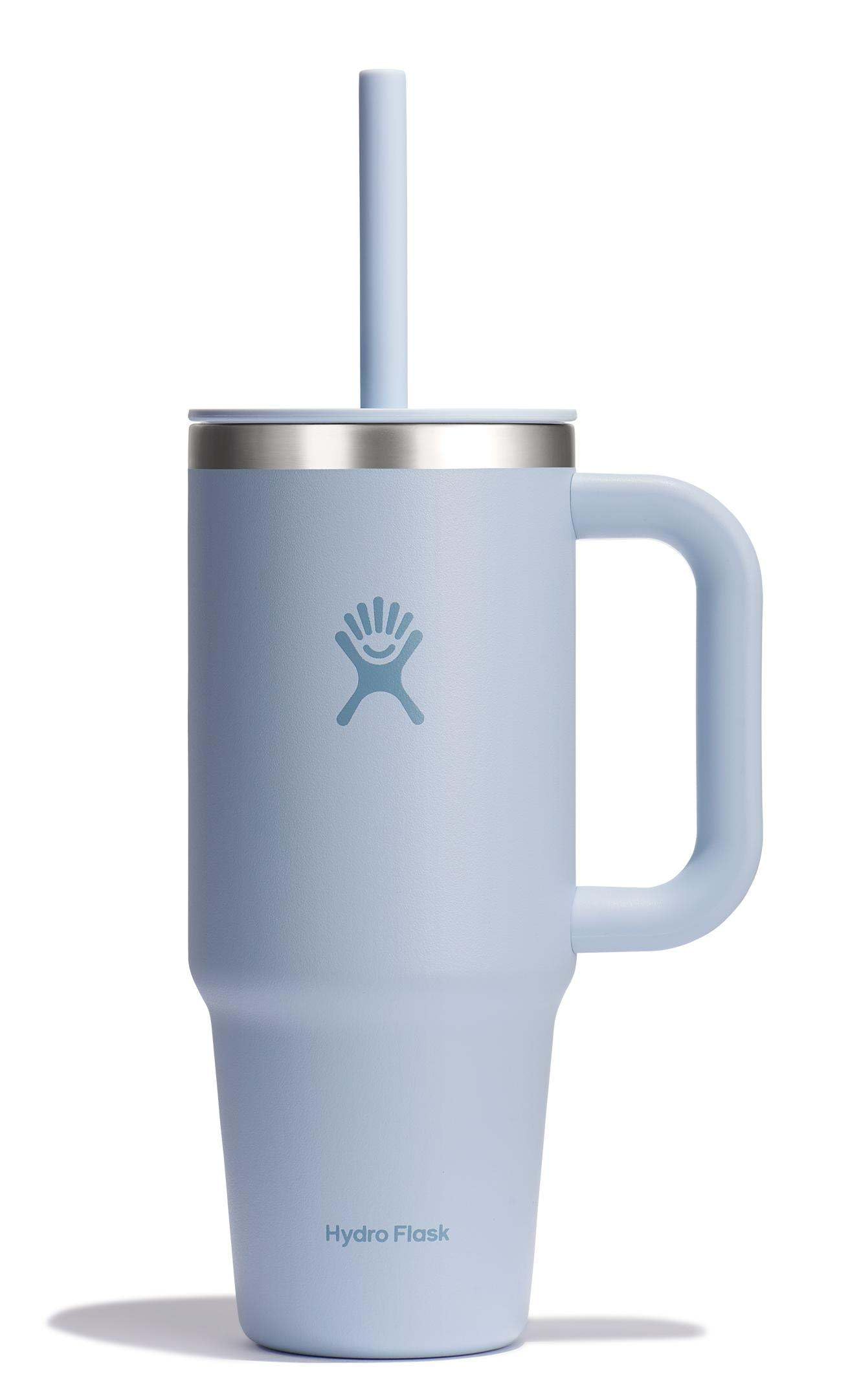 Hydro Flask Travel Tumbler Surf Blue with Handle and Straw for on-the-go hydration.