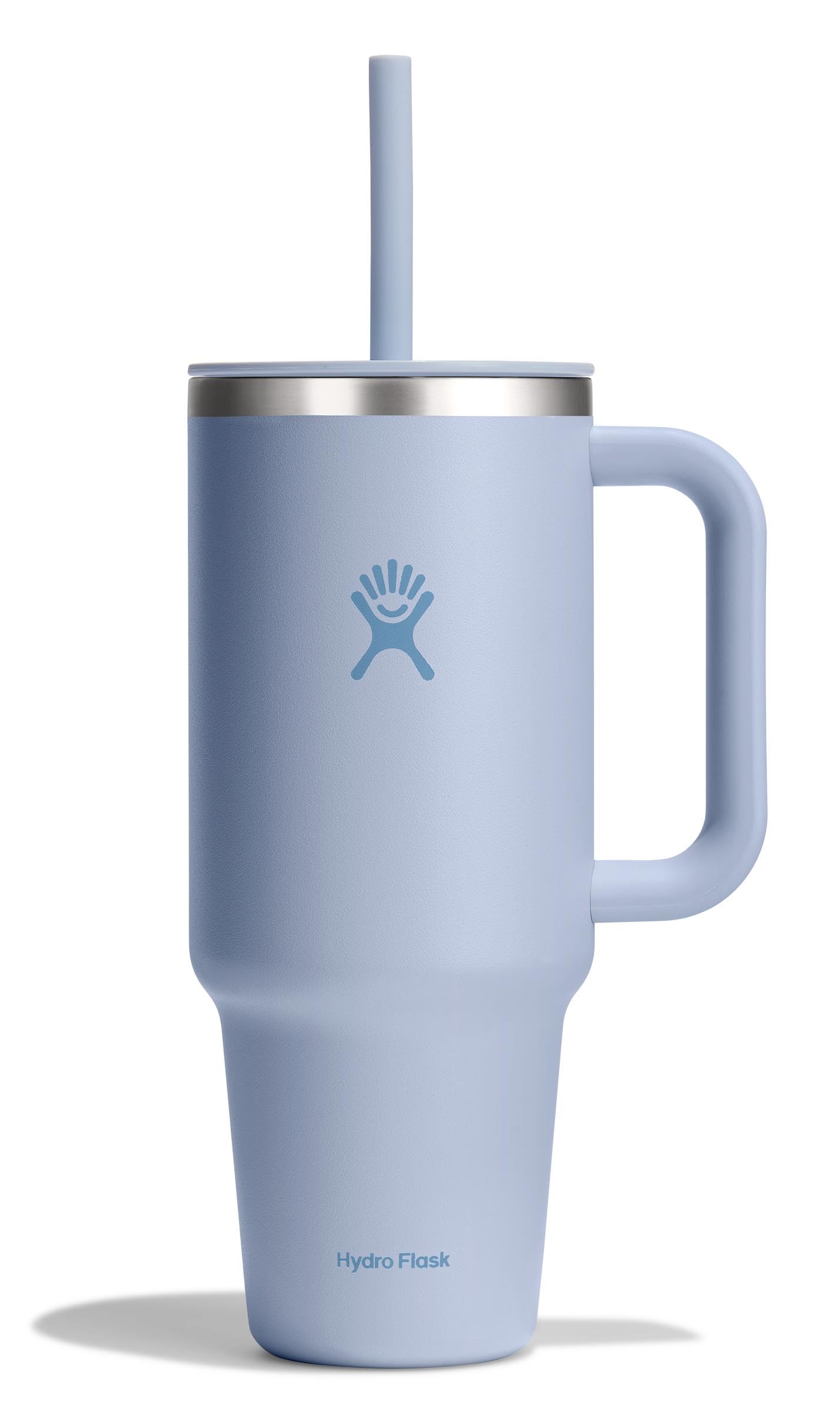 Hydro Flask Travel Tumbler with Surf Blue handle for easy on-the-go hydration.
