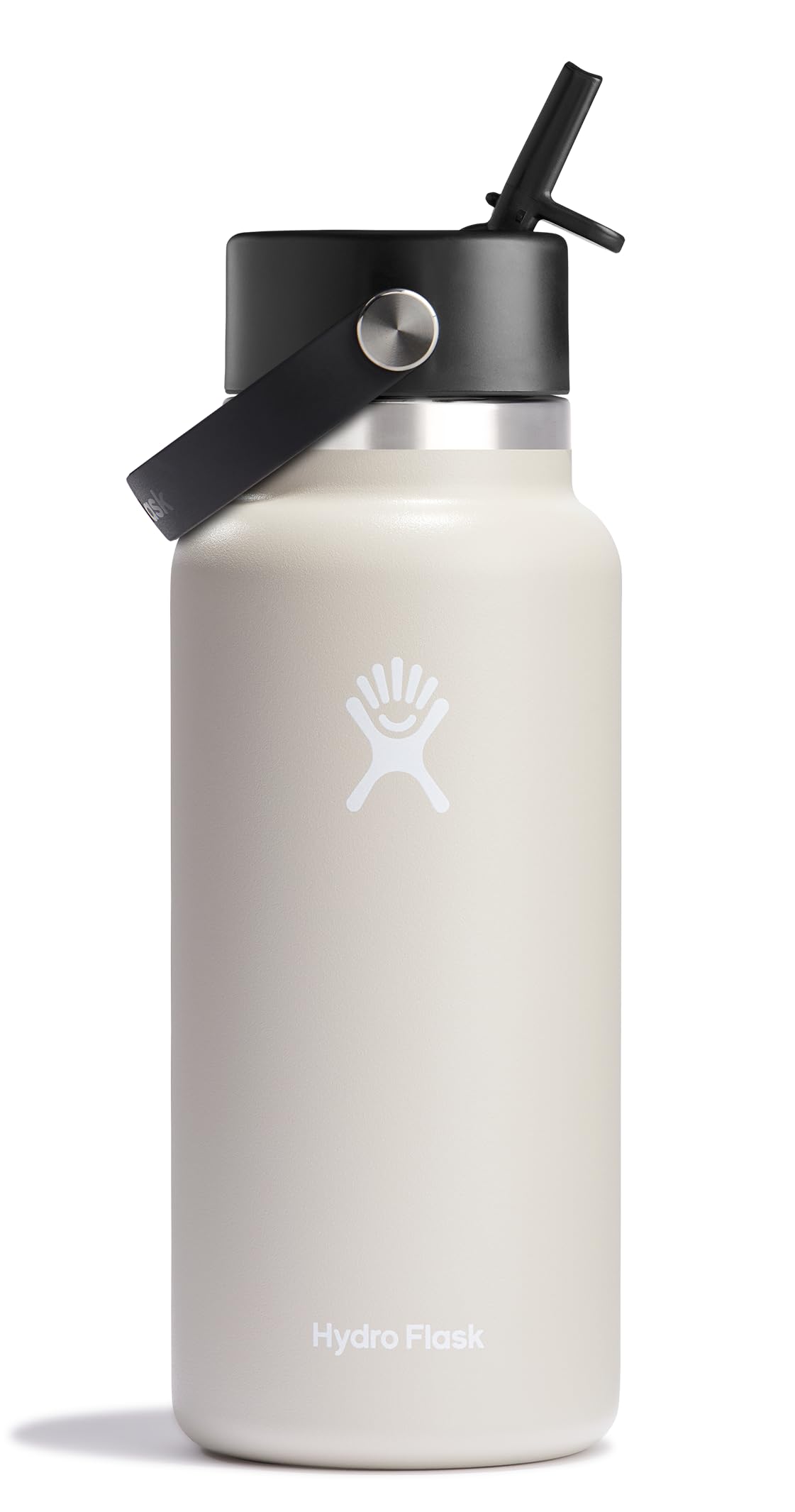 Hydro Flask 32 oz wide-mouth oat tan bottle keeps drinks cold up to 24 hours.