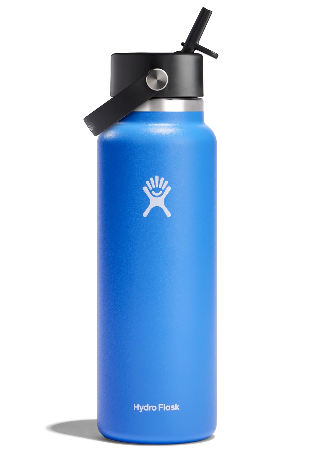 Hydro Flask wide-mouth Cascade Blue bottle for easy filling and ice use.