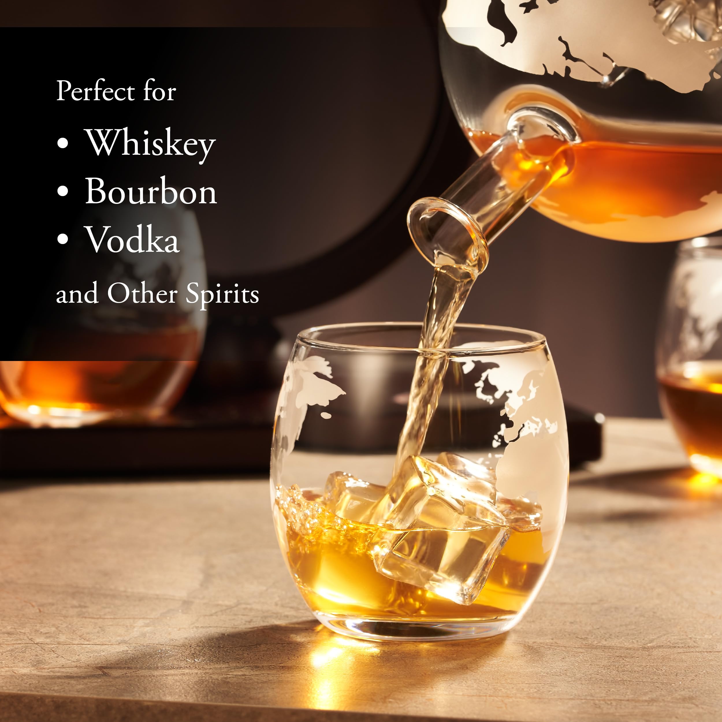 Hydro Gizmos four whiskey glasses accompany the globe decanter for sharing