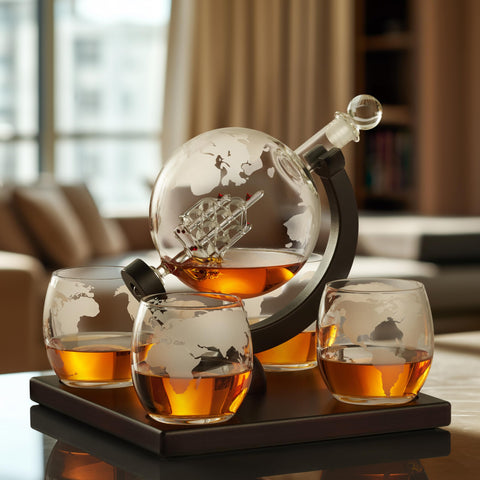 Hydro Gizmos polished wood base anchors the decanter for a premium display