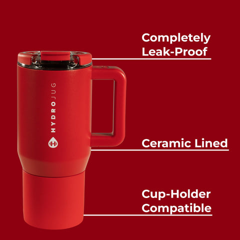 HydroJug Coffee Traveler 20oz flip-lid close-up highlighting leak-resistant design in alumni red