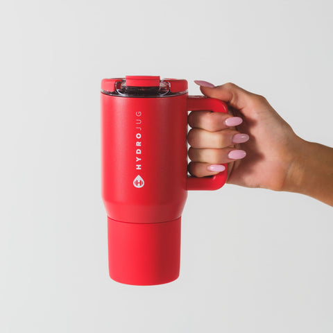 HydroJug Coffee Traveler 20oz in-cup-holder view showing slim base fits most cup holders