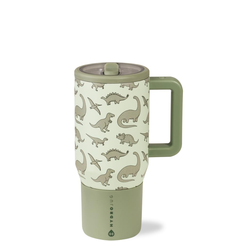 HydroJug Kids 20-oz insulated bottle with dinosaur design keeps drinks cold at school.