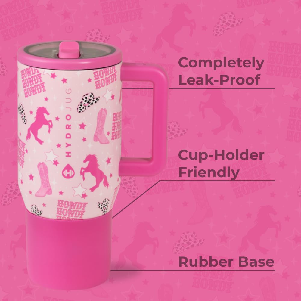 HydroJug Kids 20 oz bottle side view highlights soft-touch handle for easy carrying