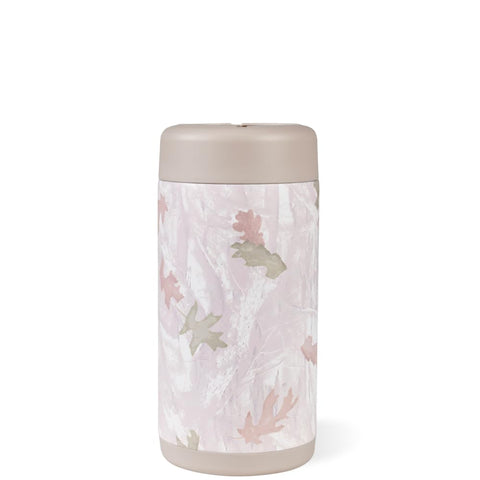 HydroJug Slim Can Cooler camo with lid on, spill-resistant on the go