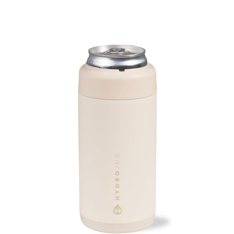 HydroJug Slim Can Cooler cream with secure lid for spill-free travel.