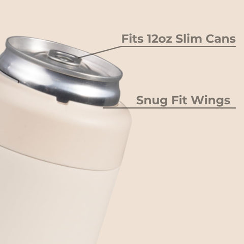HydroJug Slim Can Cooler cream shown on table with non-slip base for steady use.