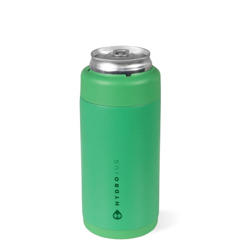 HydroJug Slim Can Cooler front view highlights insulated steel for cold, condensation-free hands