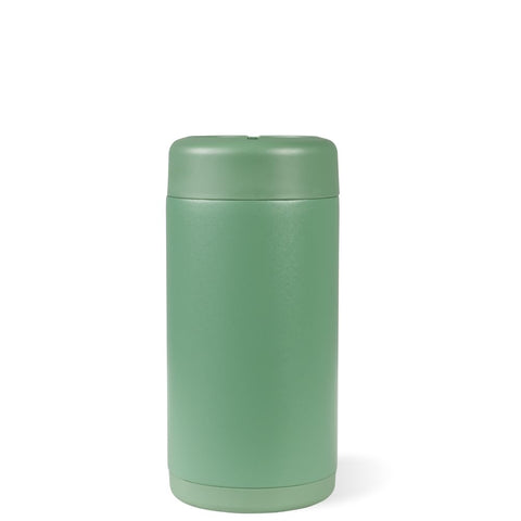 HydroJug Slim Can Cooler Sage lid close-up highlighting secure screw-top lid for spill-free transport
