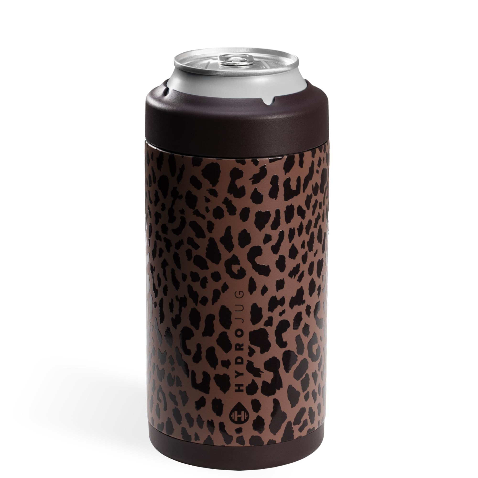 HydroJug Standard can cooler brown leopard close-up shows insulation and condensation-free grip