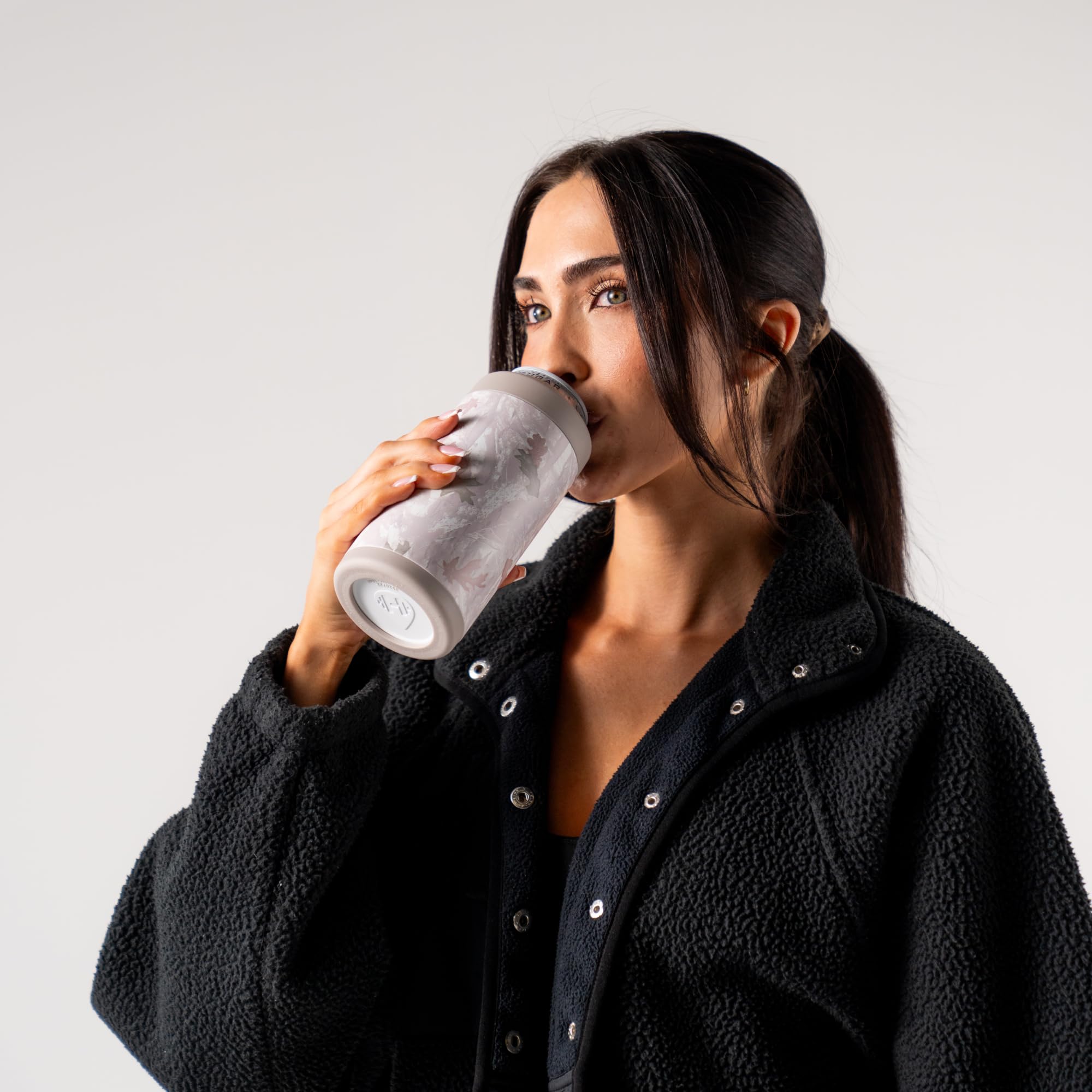 HydroJug camo on-the-go design supports hands-free sipping and travel.