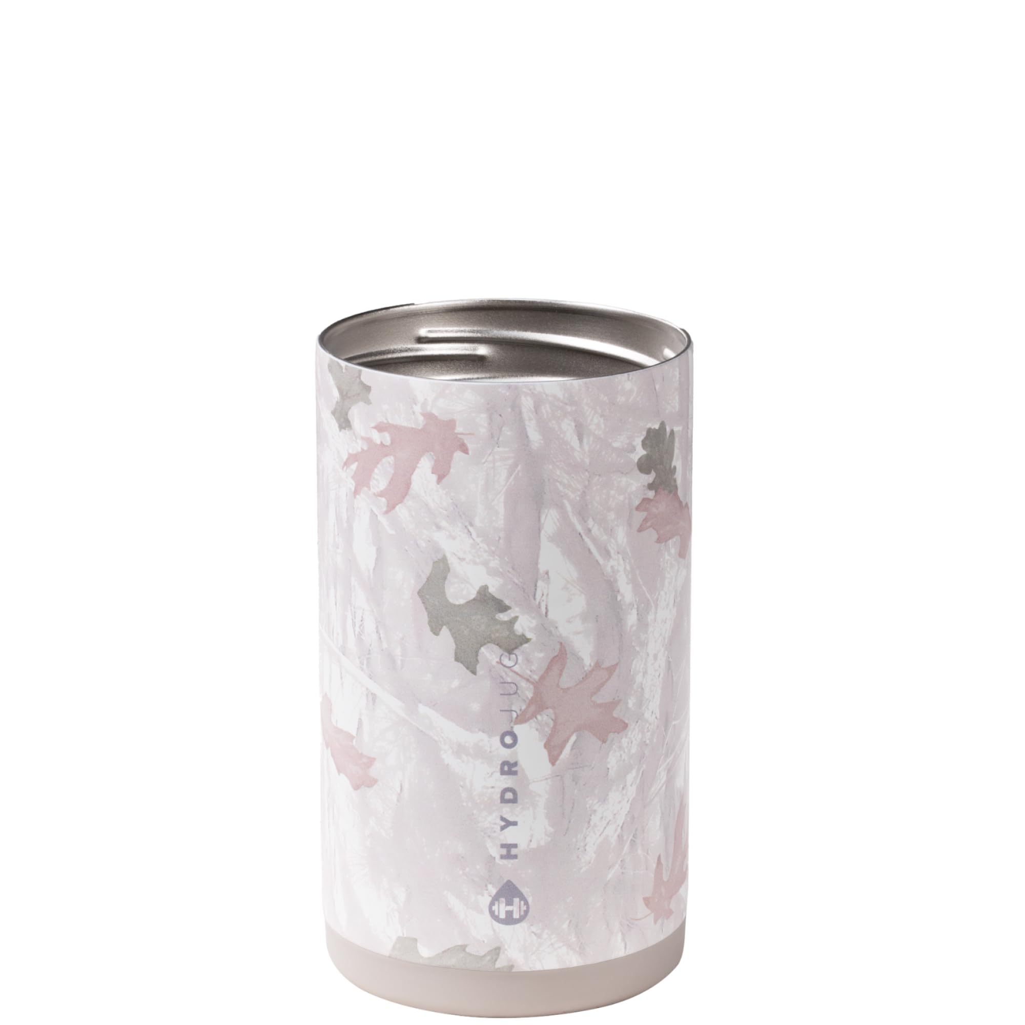 HydroJug Standard Can Cooler in camo demonstrates a secure lid for spill-free transport.